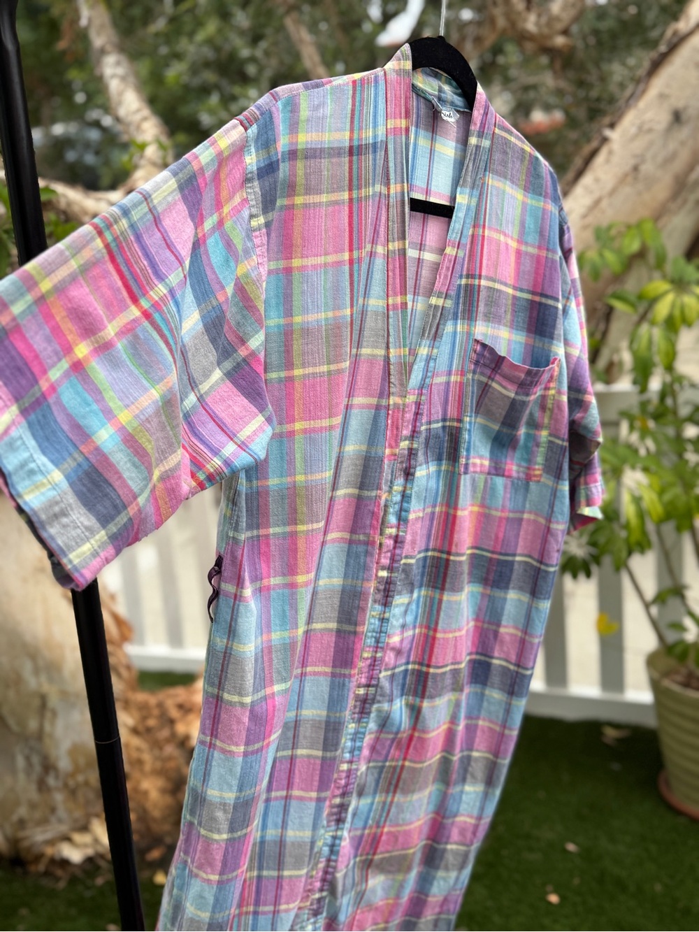 Vintage Cherish Plaid Button-Down muumuu duster size 7 pastel madras
